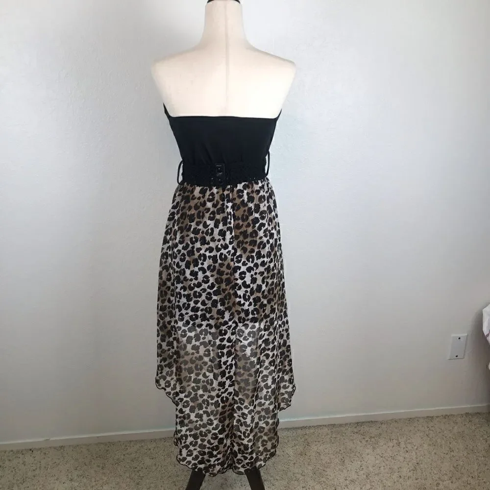 ‎Vintage Y2K strapless bow embellished belted Hi/low leopard print mini dress